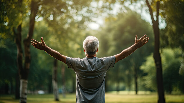 a pensioner stands in the park and stretches out his arms. enjoy life in old age, stay fit and healthy. Generative AI