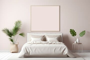 Modern bedroom with white bed, pink wall, empty picture frame, palm tree, and monstera plant. Generative AI