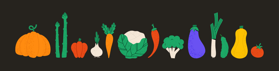 Collection of hand drawn vegetable illustrations isolated on white background. Bundle of fresh delicious vegan diet vegetarian products, wholesome healthy food, cooking ingredients. Flat cartoon style