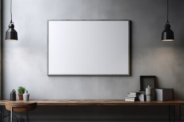 Minimalist modern room with blank white canvas, wooden table, and black pendant lights. Generative AI