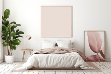 Mock up poster frame in modern interior background. Cozy bedroom with white bed, wooden nightstand, green plant, and pink art pieces. Generative AI