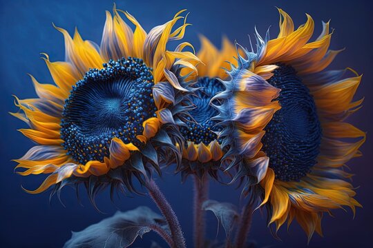 A painting of two sunflowers on a blue background