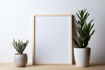 Framed Plant Picture and Modern Vases on Wooden Shelf. Mock up poster. Generative AI