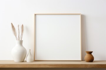 Fototapeta na wymiar Framed Plant Picture and Modern Vases on Wooden Shelf. Mock up poster. Generative AI