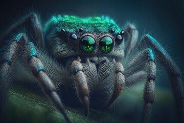 A close up of a spider with green eyes