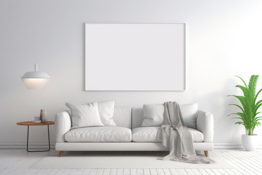 Bright and Cozy Living Room with Blank Picture Frame. Generative AI