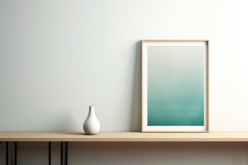 Fototapeta na wymiar Minimalistic Wooden Shelf with White Vase and Framed Picture. Generative AI