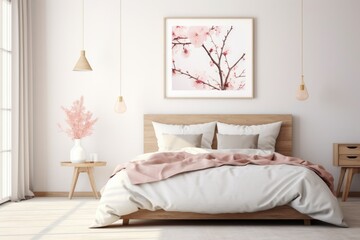 Pink and White Modern Bedroom with Cherry Blossoms. Generative AI