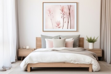 Serene Bedroom with Wooden Accents and Floral Art. Generative AI