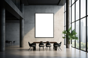Mock up poster frame in Modern Office Space with City View. Generative AI