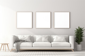 Cozy Modern Living Room with Blank Frames. Generative AI