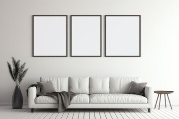 Mock up poster frame in modern interior background. Cozy Modern Living Room with Blank Frames. Generative AI