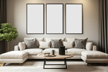 Mock up poster frame in  Modern Living Room with Beige Sofa and Empty Picture Frames. Generative AI