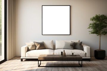 Mock up poster frame in Minimalist Modern Living Room with Wooden Accents. Generative AI