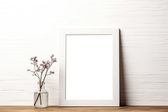 Minimalist White Picture Frame on Wooden Shelf. Generative AI