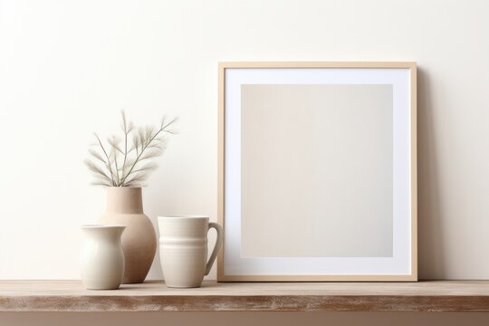Minimalist Wooden Shelf with Blank Picture Frame and Vase. Generative AI