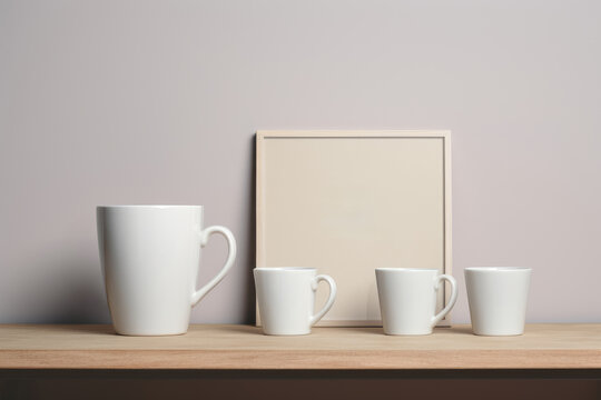 Wooden Shelf with Blank Picture Frame and White Mugs. Generative AI