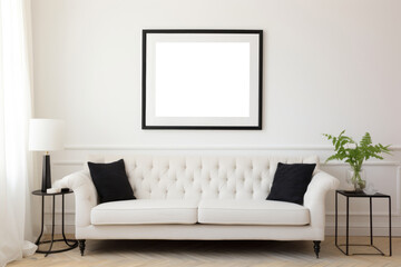 Modern Living Room with White Sofa and Blank Picture Frame. Generative AI