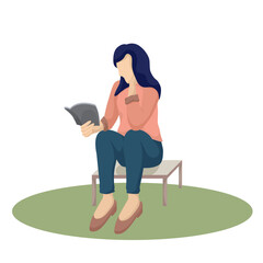 Woman reading a book on the bench in park. Cartoon flat vector illustration isolated on white background.