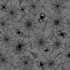 Hand drawn line art seamless halloween pattern with creepy spooky dreadful black spiders on cobweb on grey background.Illustrated backdrop