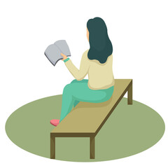 Woman reading a book on the bench in park. Cartoon flat vector illustration isolated on white background.