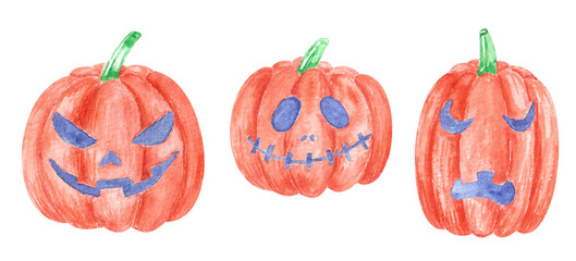 Hand drawnr watercolor set of  funny creepy carved orange pumpkin with spooky eyes and smile.Jack-o-lantern for halloween party isolated on white background