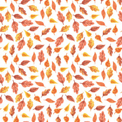 Watercolor hand drawn painted little orange, brown, red, yellow autumn season leaves seamless pattern on white background. Aquarelle web design for print.Halloween cartoon style backdrop