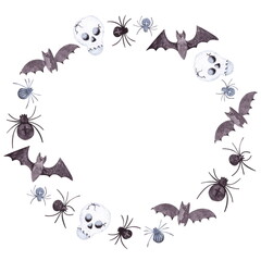 A round frame of watercolor cliparts for Halloween decoration: spider, skull, flying bat, skeleton.