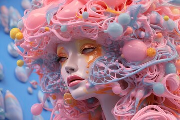 conceptual creative illustration with portrait of a plastic persone close-up, ai tools generated image