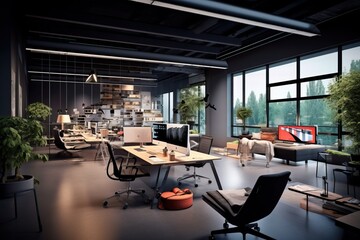 Fototapeta na wymiar contemporary style modern business interior, open space office room, ai tools genrated image