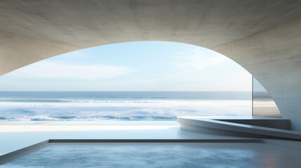 Fototapeta premium Abstract empty minimal open space concrete interior with an ocean view, 3d rendering