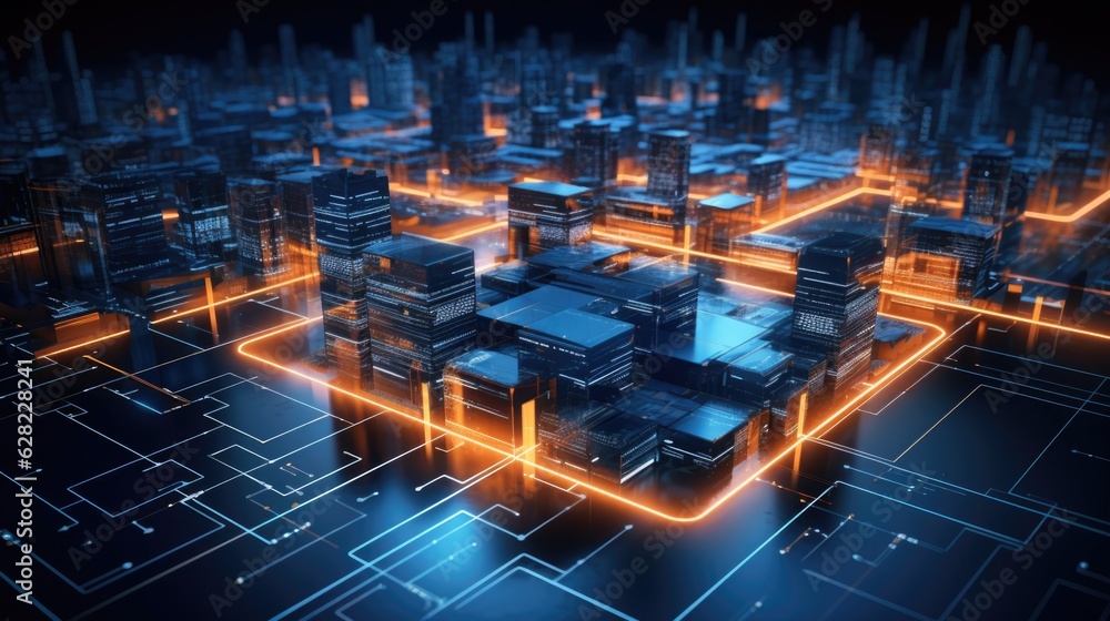 Wall mural abstract high-tech background with printed circuit board in shape of modern city at night with glowi