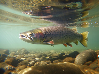 Illustration of a steelhead swimming in a clear river. Image of a fish in river water in sharp detail. Marine life in detail. Realistic 3D illustration. Generative AI