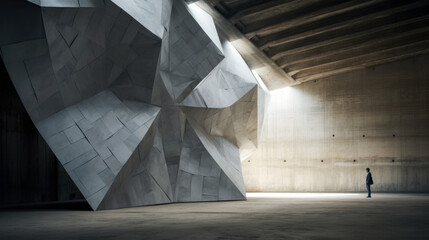 A visitor stands in concrete exhibition hall in front huge polygonal wall installation, abstract parametric architecture template