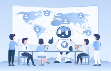 Artificial Intelligence (AI) technology concept. Meeting, discussing, brainstorming between people and ai robot to achieve success goal. Connect and share information. Flat vector design illustration.