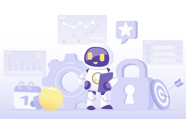 Artificial Intelligence (AI) technology concept. Ai robot working plan, manage, share, exchange information to achieve business success. Flat vector design illustration.