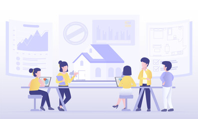Business people discussing real estate mortgages in the market to increase sales. Present room plan, data analysis, strategy management, sales strategy report. Flat vector design illustration.