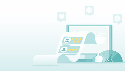 Customer review and feedback online. Level of customer satisfaction with the product or service. Reply by comment, star rating from customer. Positive and negative experience on feedback.