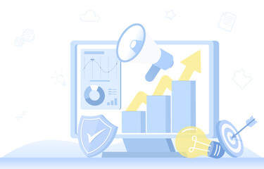 Business ideas concept. Data analysis, start up planning, marketing strategy, infographic information, advertisement. Flat vector design illustration.