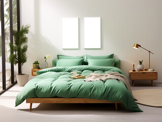 Elegant house bedroom interiors green with photoframe mockup, AI Generated
