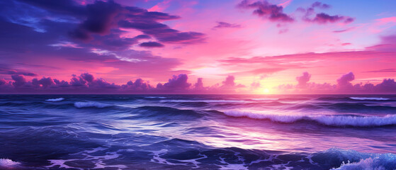 Naklejka na ściany i meble Sunset over the sea illustration. 21 to 9 aspect ratio. Generative AI