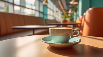 Interior of a modern coffee shop with a cup of coffee on one of the tables. Cup of medium roast coffee on wooden table. Cozy coffee shop with hot coffee. Realistic 3D illustration. Generative AI