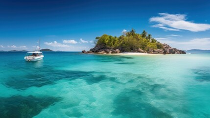Fototapeta premium Tropical island in the ocean with palm trees and clear water Created with Generative AI technology.