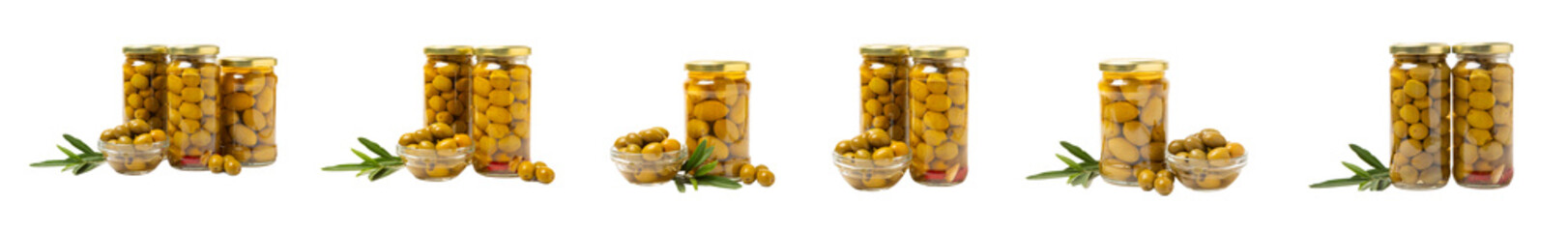 Delicious green olives in a jar isolated on white background. Pickled olives in a glass jar. Delicious olives. Close-up. Vegan. DESIGN. COLLAGE.