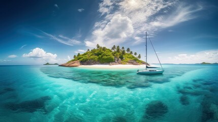 Obraz premium Tropical island in the ocean with palm trees and clear water Created with Generative AI technology.