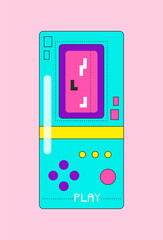 Retro flat Electronic Game on color pink background. Vector concept of brick playing machine or block console in vintage style. Positive illustration of old-style game device for banner or advertising