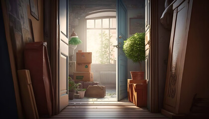 A Happy Family Relocates to a Spacious and Bright Apartment with the Help of a Moving Service - ai generated