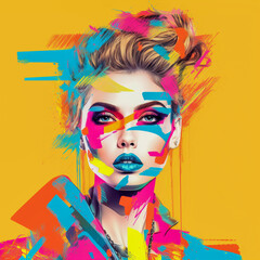 Digital collage art with vibrant and energetic portrait of a woman with amazing makeup, Generative AI