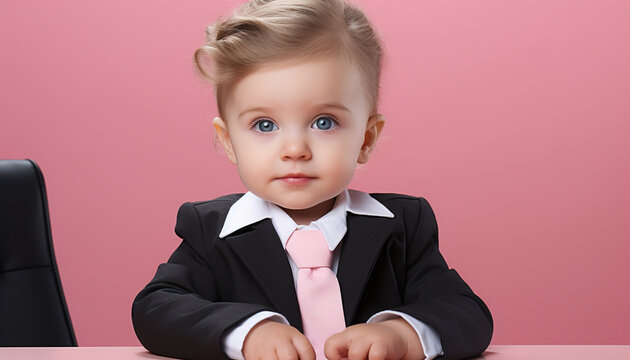 Girl baby boss in business suit in office, made with Generative AI