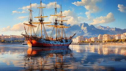 Galleon in the port of Valencia, Spain, Bright color. Generative Ai